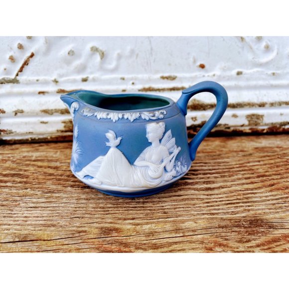 Antique Schafer Vater blue Jasperware Creamer Pitcher With Fairy Nymph - Picture 1 of 8